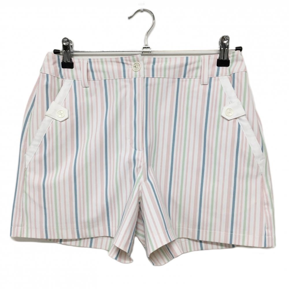 【美品】キャロウェイ ショートパンツ 白×ライトピンク ストライプ ロゴ刺しゅう レディース M ゴルフウェア Callaway