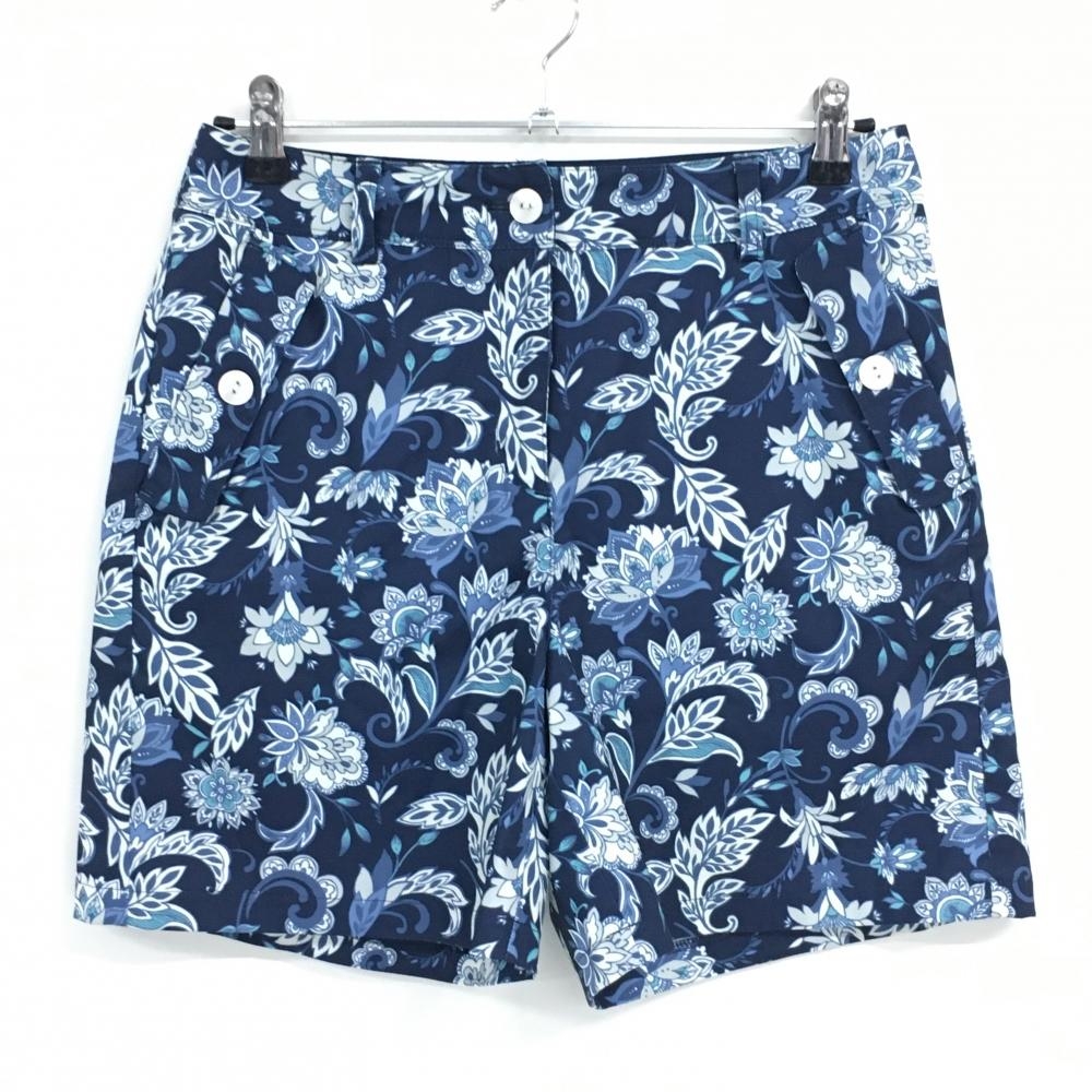 【超美品】キャロウェイ ハーフパンツ ネイビー×白 総柄 リーフ ロゴ刺しゅう レディース L ゴルフウェア Callaway