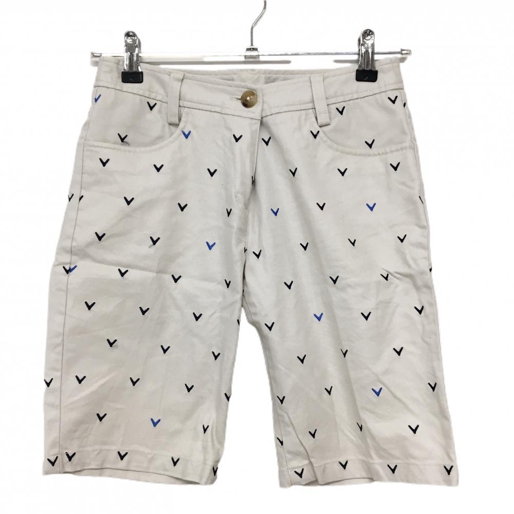 【美品】キャロウェイ ショートパンツ ライトベージュ×ネイビー ロゴ刺しゅう総柄  レディース SS ゴルフウェア Callaway