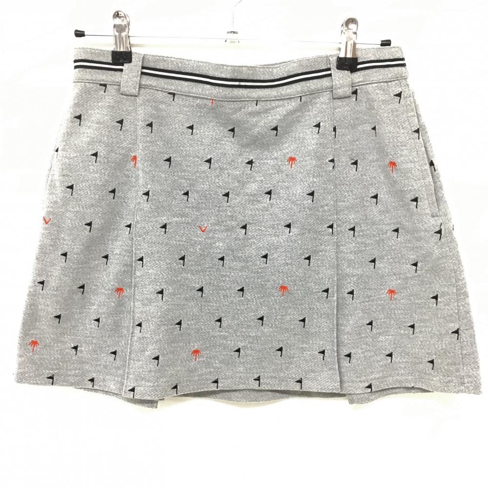 【超美品】キャロウェイ プリーツスカート グレー フラッグ×ヤシの木柄 コットン混 レディース L ゴルフウェア Callaway