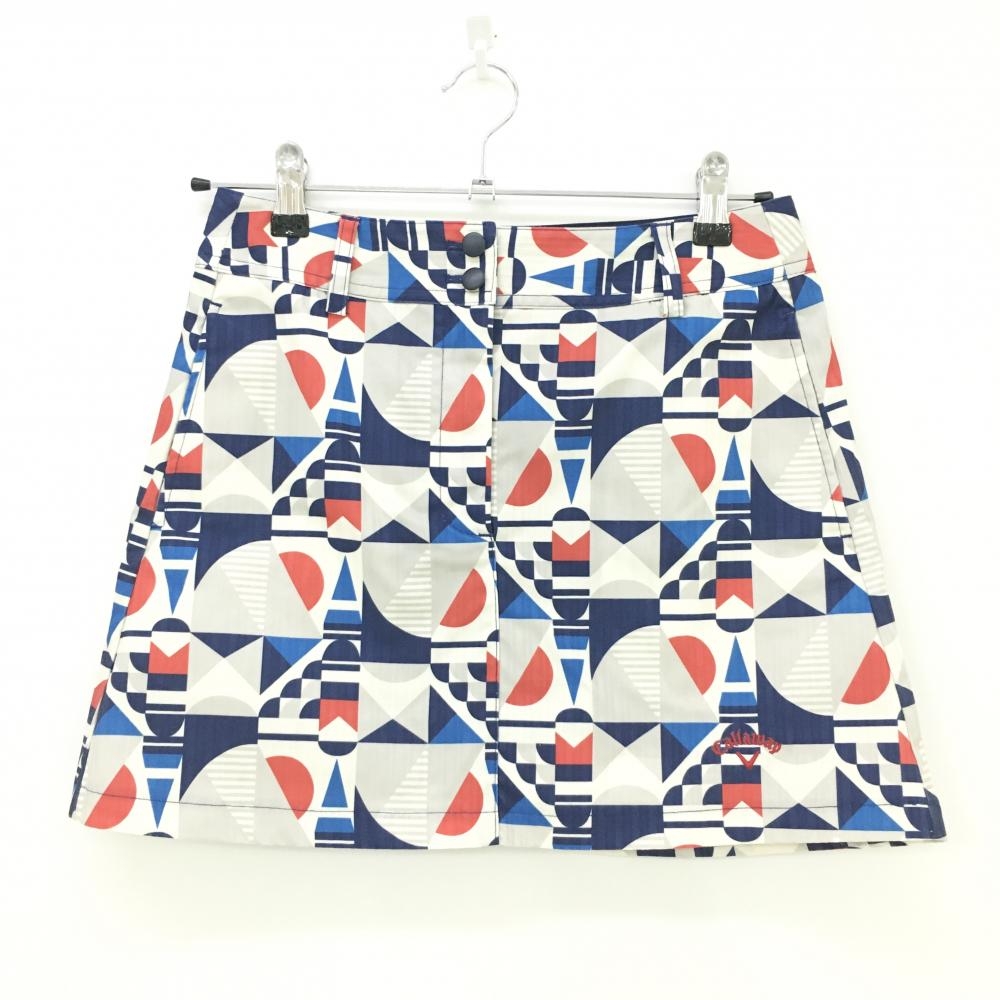 【超美品】キャロウェイ スカート ライトグレー×ネイビー 総柄 ストライプ織生地 内側インナーパンツ レディース S ゴルフウェア Callaway