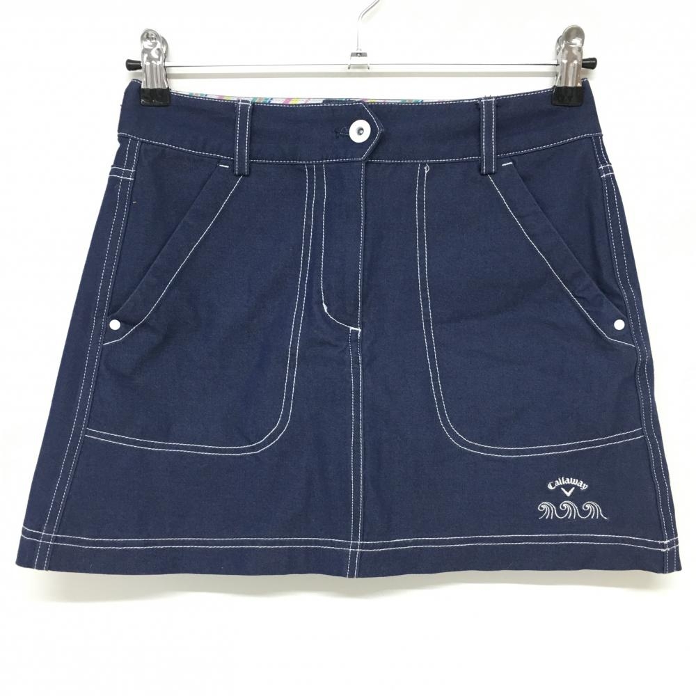 【超美品】キャロウェイ スカート ネイビー×白 ステッチ デニム調  レディース S ゴルフウェア Callaway