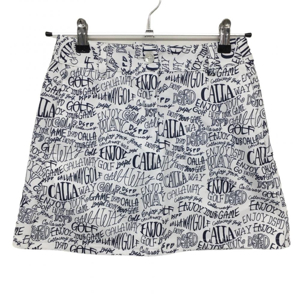 【美品】キャロウェイ スカート 白×ネイビー 英字総柄 バックロゴ レディース SS ゴルフウェア Callaway