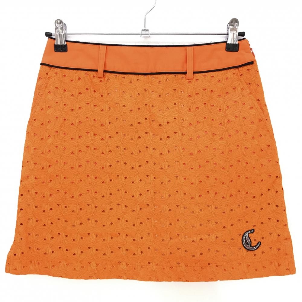 【美品】キャロウェイ スカート オレンジ×黒 レース調 裏地付き ロゴ刺しゅう  レディース M ゴルフウェア Callaway