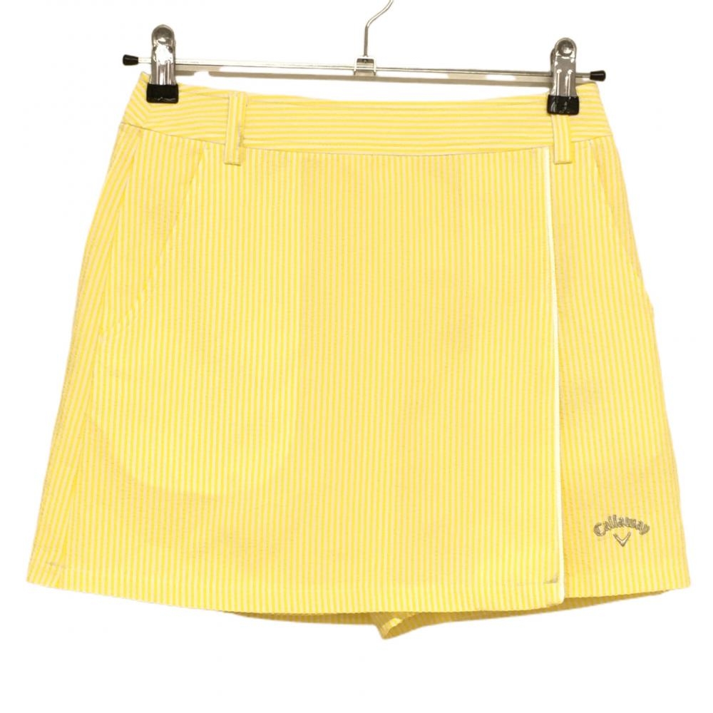 【超美品】キャロウェイ スカート イエロー×白 ストライプ柄 サッカー生地 ロゴ刺しゅう レディース SS ゴルフウェア Callaway