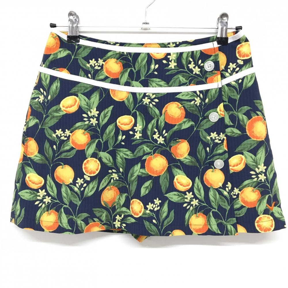 【超美品】キャロウェイ スカート ネイビー×グリーン ストライプ織生地 オレンジ柄 レディース M ゴルフウェア Callaway