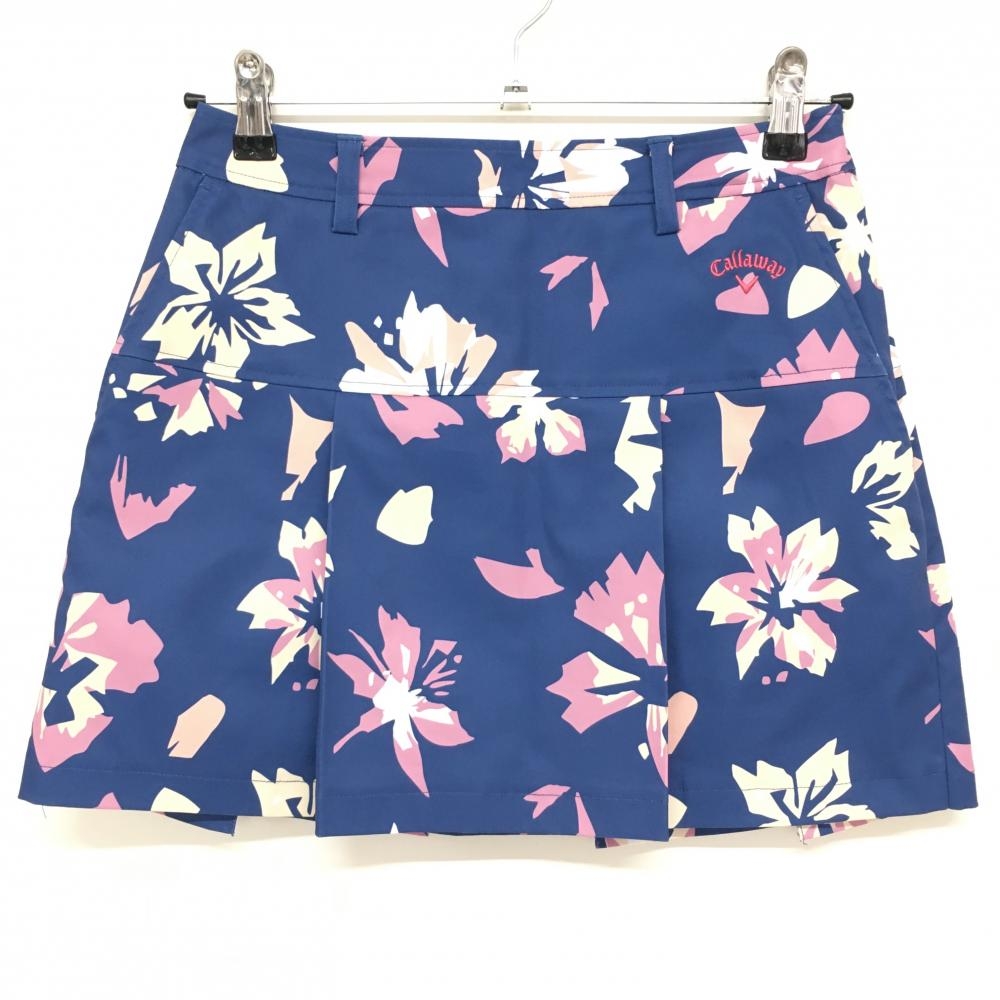 【美品】キャロウェイ スカート ブルー×ピンク 総柄 ロゴ刺しゅう ボックスプリーツ  レディース SS ゴルフウェア Callaway