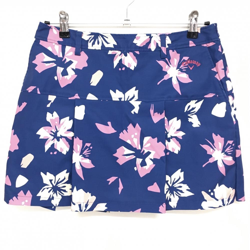 【美品】キャロウェイ プリーツスカート ネイビー×ピンク系 花総柄 ロゴ刺しゅう レディース L ゴルフウェア Callaway