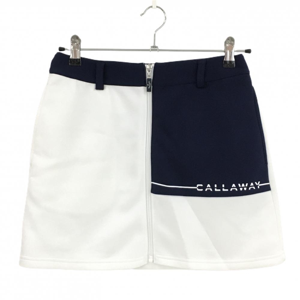【超美品】キャロウェイ スカート 白×ネイビー フロントジップ ロゴプリント ストレッチ レディース S ゴルフウェア Callaway