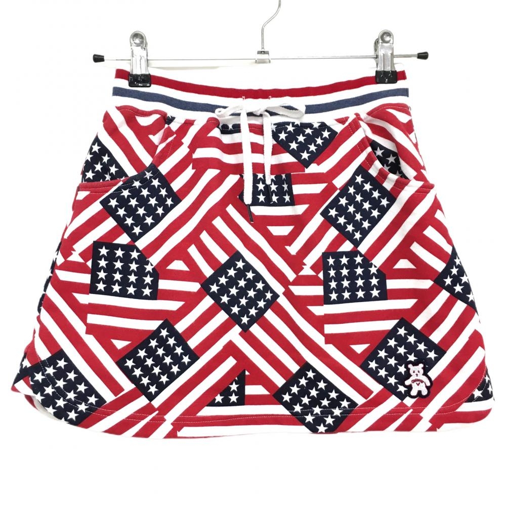 キャロウェイ スカート レッド×白 総柄 ベアワッペン ウエストゴム  レディース S ゴルフウェア Callaway