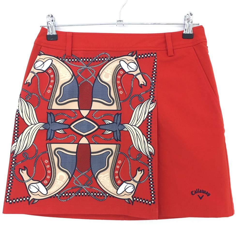 【超美品】キャロウェイ スカート レッド×ベージュ フロント一部柄 馬 ロゴ刺しゅう ストレッチ  レディース Ｓ ゴルフウェア Callaway
