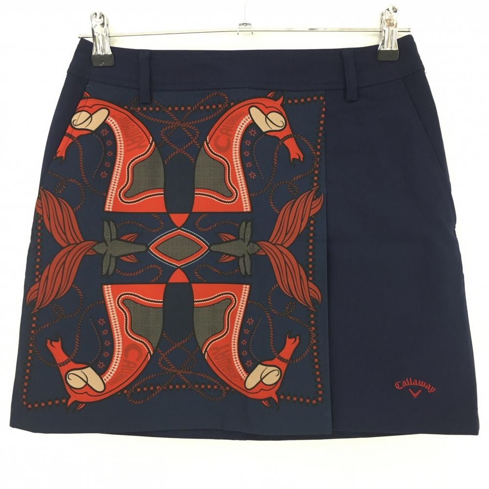 【超美品】キャロウェイ スカート ネイビー×レッド フロント一部柄 馬 ロゴ刺しゅう ストレッチ  レディース Ｓ ゴルフウェア Callaway