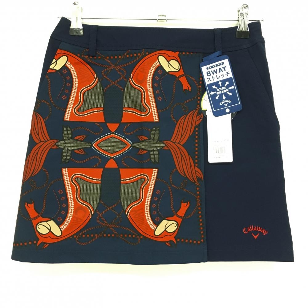 【新品】キャロウェイ スカート ネイビー×レッド 前面総柄 8WAYストレッチ レディース SS ゴルフウェア Callaway