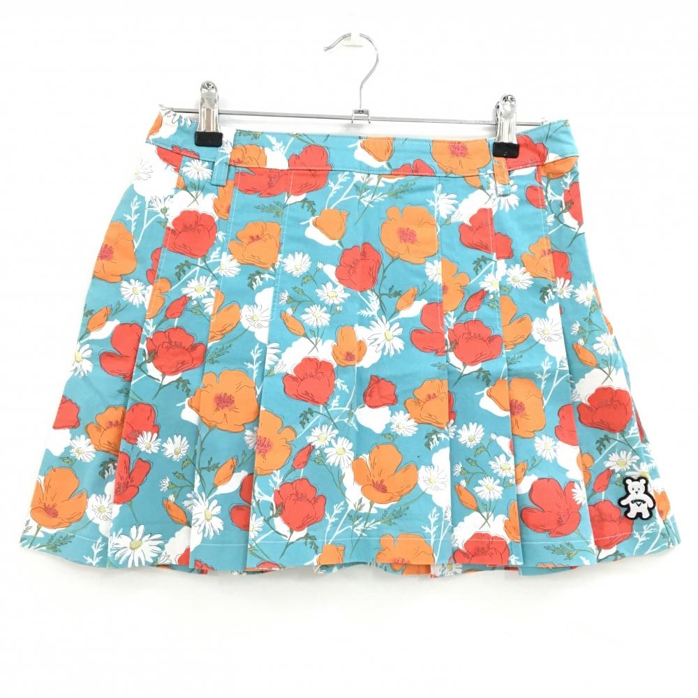 【美品】キャロウェイ プリーツスカート ライトブルー×オレンジ 花柄 ベアワッペン レディース L ゴルフウェア Callaway