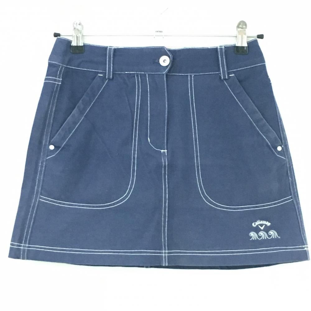 キャロウェイ スカート ネイビー×白 ステッチ ロゴ刺しゅう レディース S ゴルフウェア Callaway