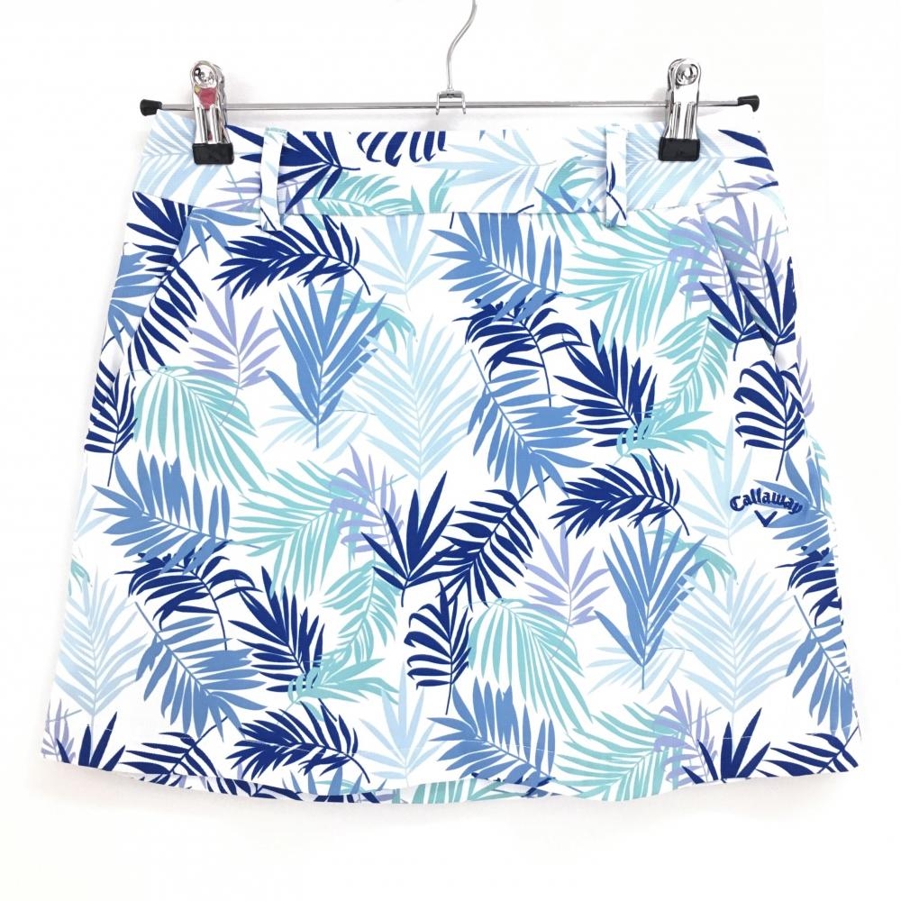 【超美品】キャロウェイ スカート 白×ブルー リーフ柄 織生地 ロゴ刺しゅう レディース S ゴルフウェア Callaway