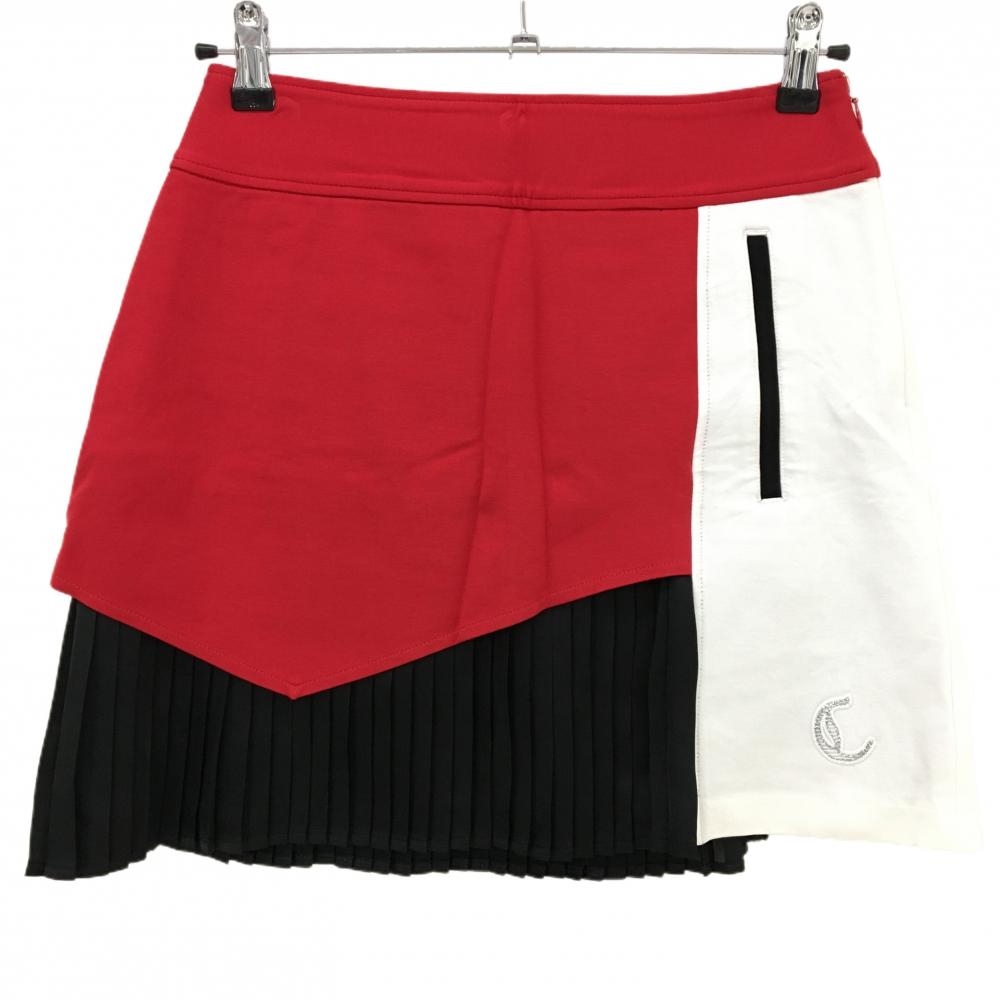 【超美品】キャロウェイ 切替スカート レッド×黒 裾プリーツ ロゴ刺しゅう レディース S ゴルフウェア Callaway