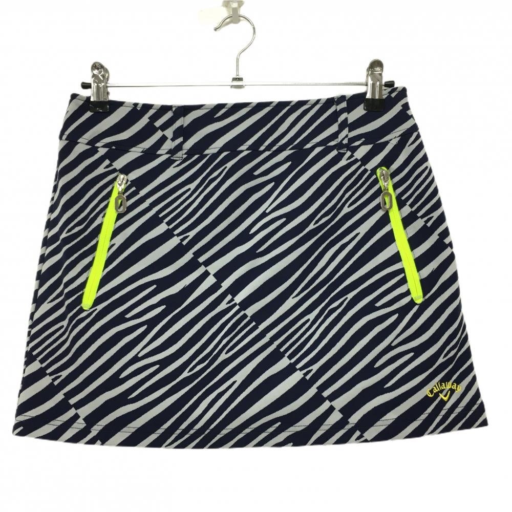 【超美品】キャロウェイ スカート ネイビー×白 ゼブラ柄 ジップポケット 内側インナーパンツ レディース L ゴルフウェア Callaway