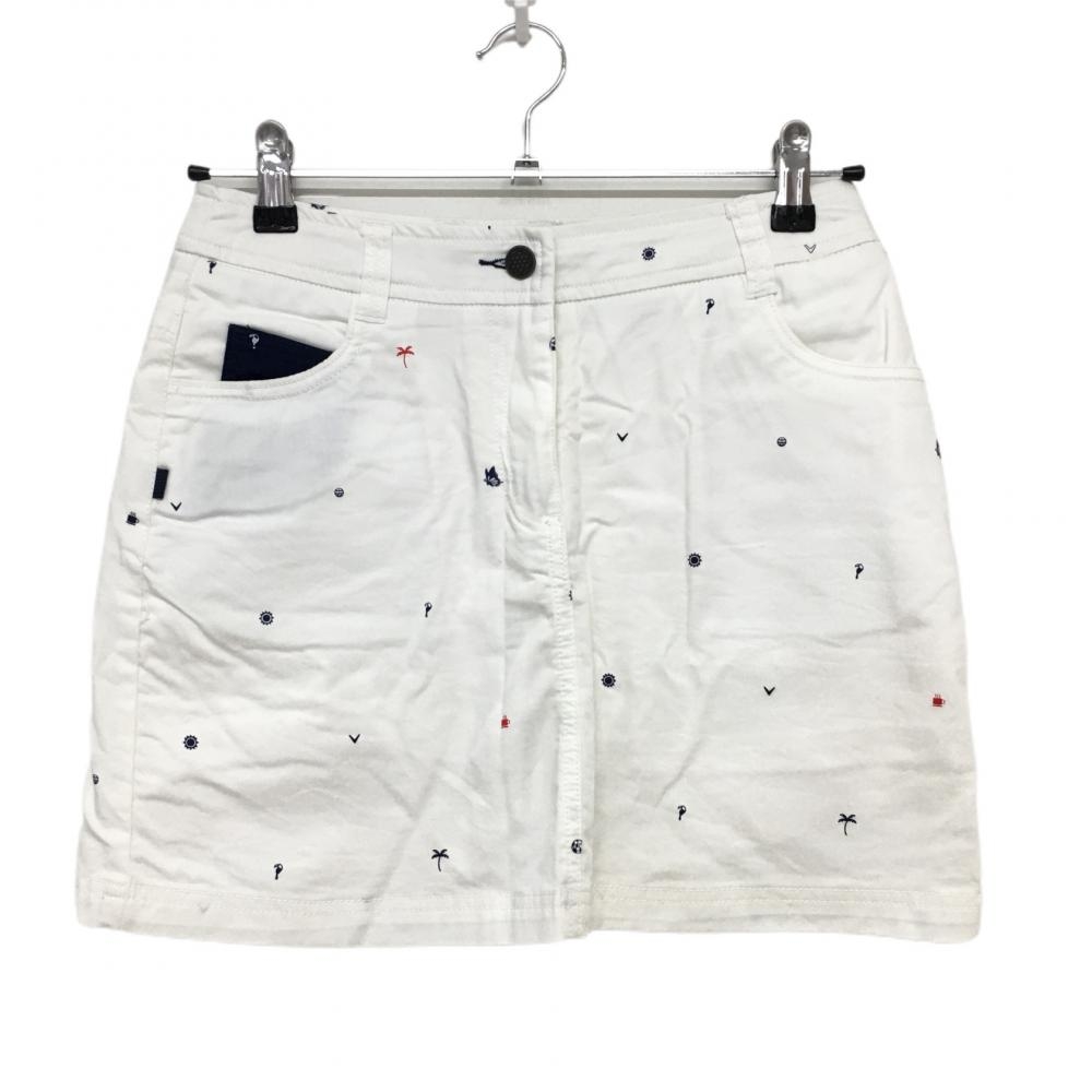 【美品】キャロウェイ スカート 白×ネイビー 総柄 ヤシの木 内側インナーパンツ 後ろ裾汚れ小 レディース S ゴルフウェア Callaway