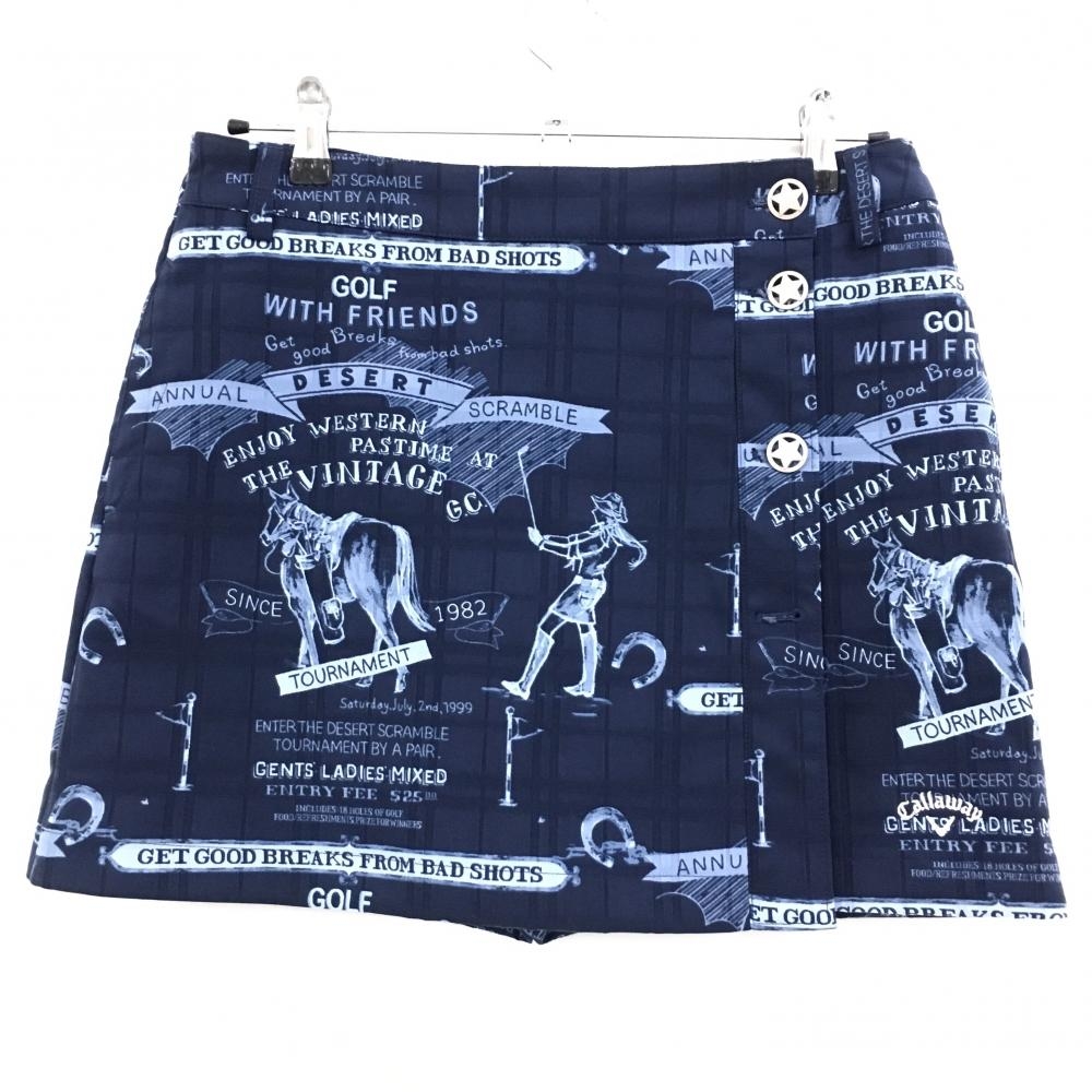 キャロウェイ スカート ネイビー×ライトブルー チェック織生地 馬柄 内側パンツ レディース L ゴルフウェア Callaway