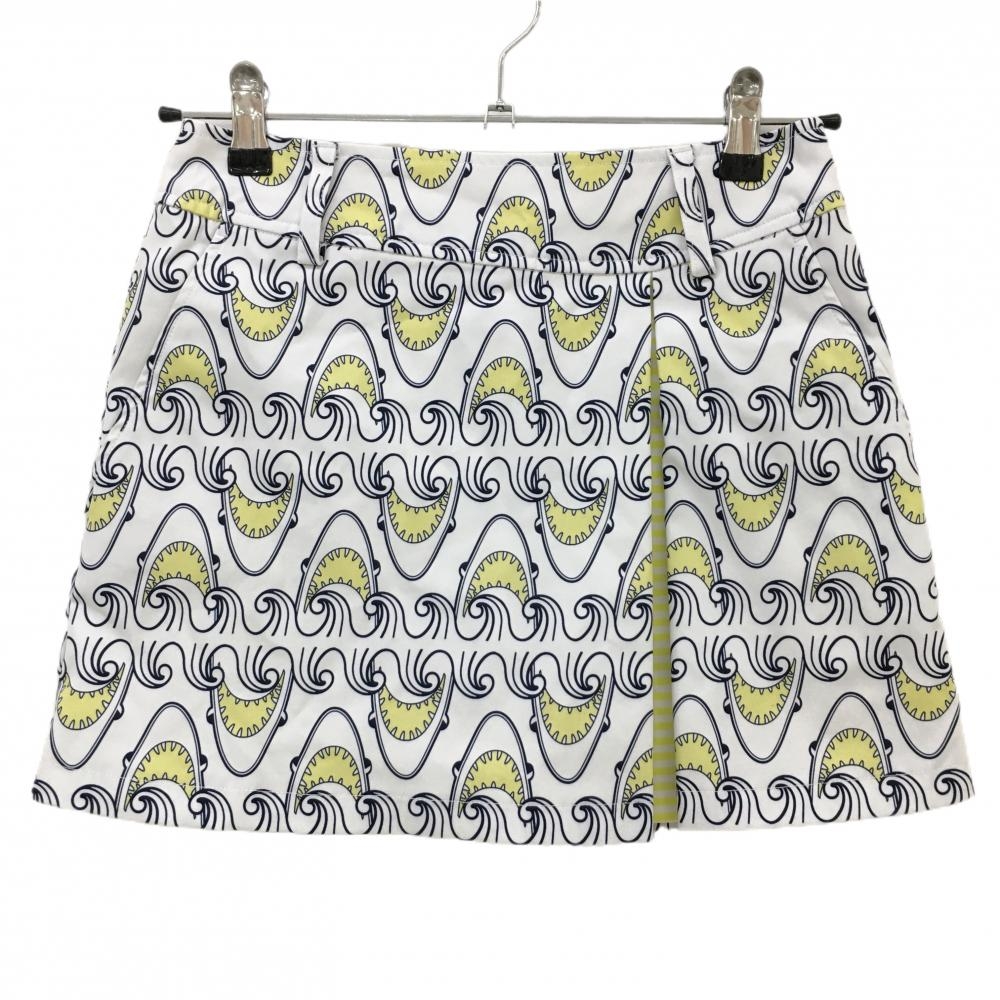 【超美品】キャロウェイ スカート 白×ネイビー×イエロー サメ柄 一部ボーダー 内側インナーパンツ レディース S ゴルフウェア Callaway