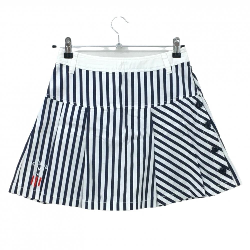 【美品】キャロウェイ プリーツスカート 白×ネイビー ストライプ 裾ロゴ  レディース S ゴルフウェア Callaway
