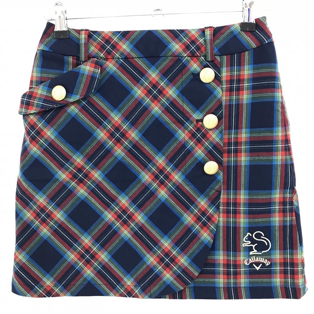 【超美品】キャロウェイ スカート ネイビー×マルチカラー チェック柄 裾ロゴ刺しゅう リス  レディース SS ゴルフウェア Callaway