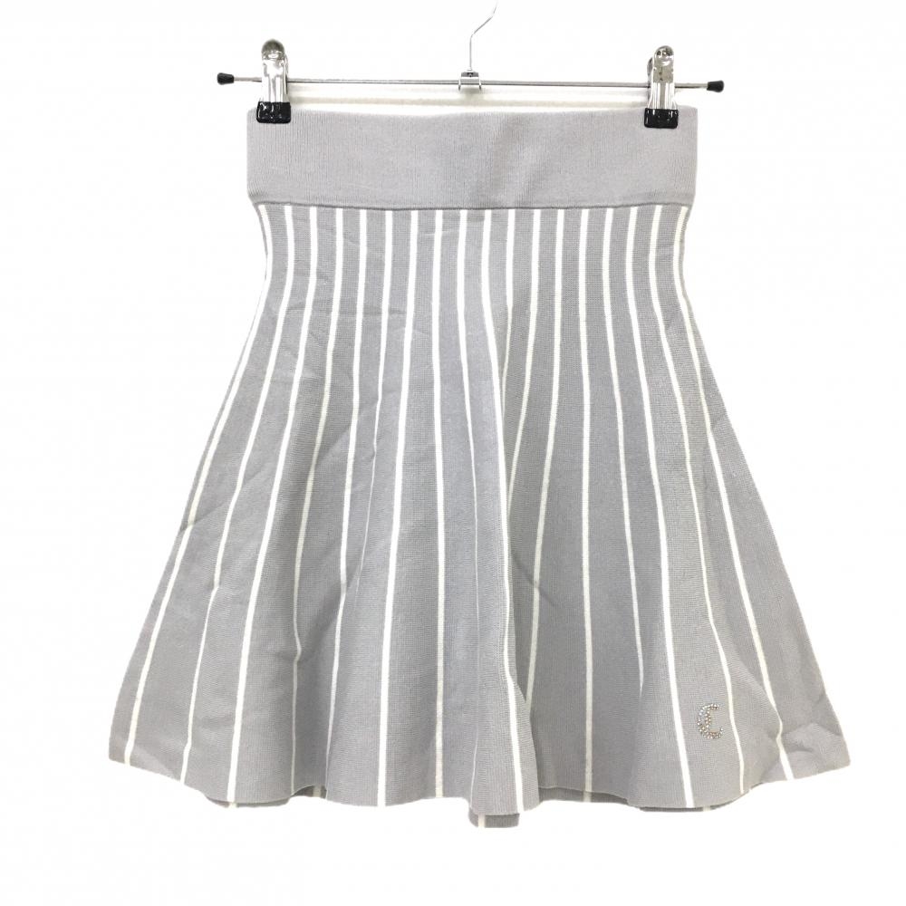 【美品】キャロウェイ ニットスカート ライトグレー×白 ストライプ 裾ラインストーンロゴ   レディース M ゴルフウェア Callaway