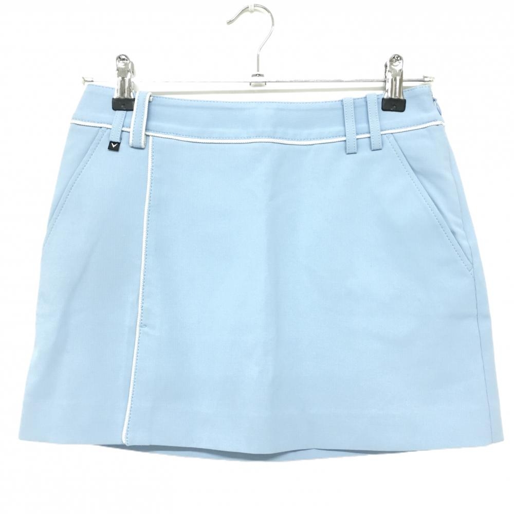 【美品】キャロウェイ スカート ライトブルー×白 ラインストーンロゴ パイピング レディース SS ゴルフウェア Callaway