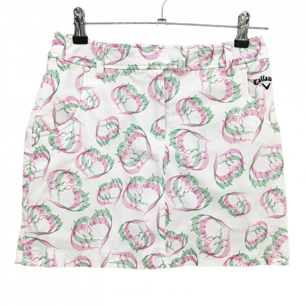 【超美品】キャロウェイ スカート 白×ピンク×グリーン 総柄 音符 内側インナーパンツ ストレッチ レディース SS ゴルフウェア Callaway