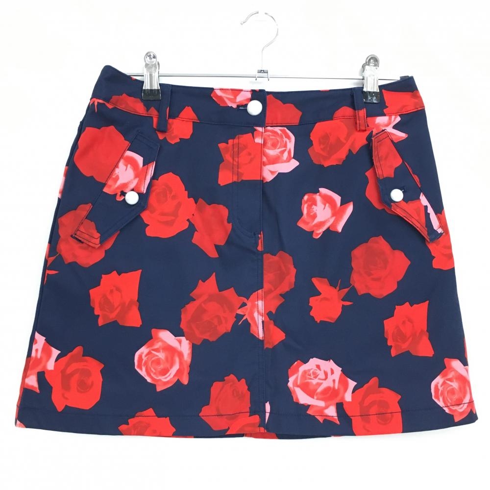 【超美品】キャロウェイ スカート ネイビー×レッド ローズ柄 パール調ボタン ストレッチ  レディース L ゴルフウェア Callaway