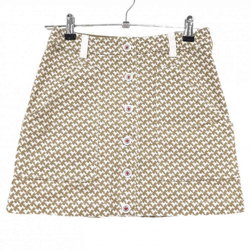 【美品】キャロウェイ スカート 白×ベージュ 総柄 フロントフェイクボタン バックロゴ レディース S ゴルフウェア Callaway