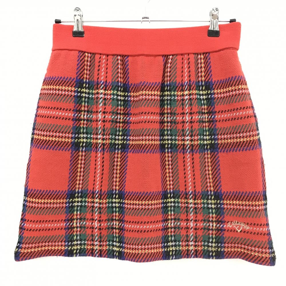 【超美品】キャロウェイ ニットスカート レッド×ブルー×グリーン チェック ウール混 ウエストゴム  レディース LL ゴルフウェア Callaway