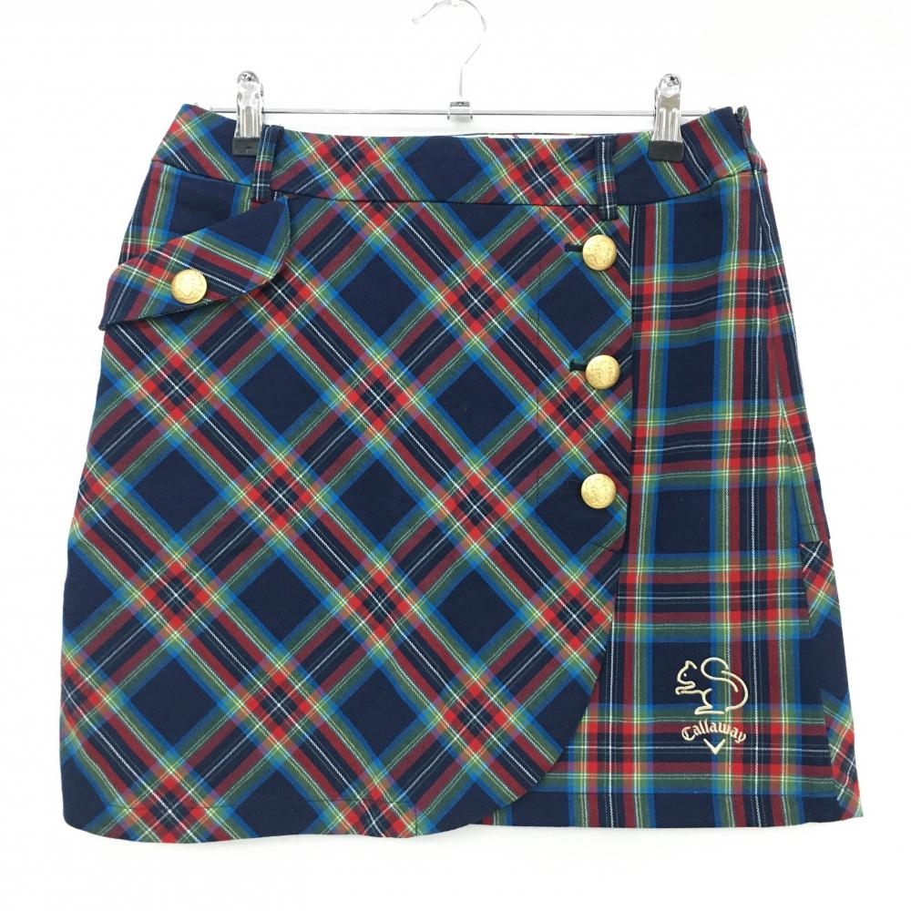 【超美品】キャロウェイ スカート ネイビー×レッド チェック柄 金ボタン ロゴ刺しゅう ストレッチ レディース L ゴルフウェア Callaway