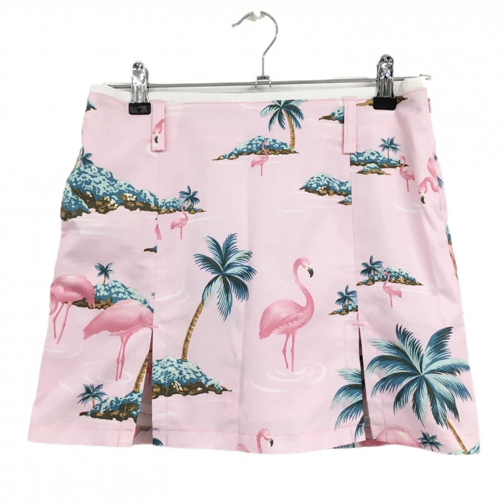 【美品】 キャロウェイ スカート ピンク×グリーン フラミンゴ柄 裾スリット 内側インナーパンツ レディース S ゴルフウェア Callaway