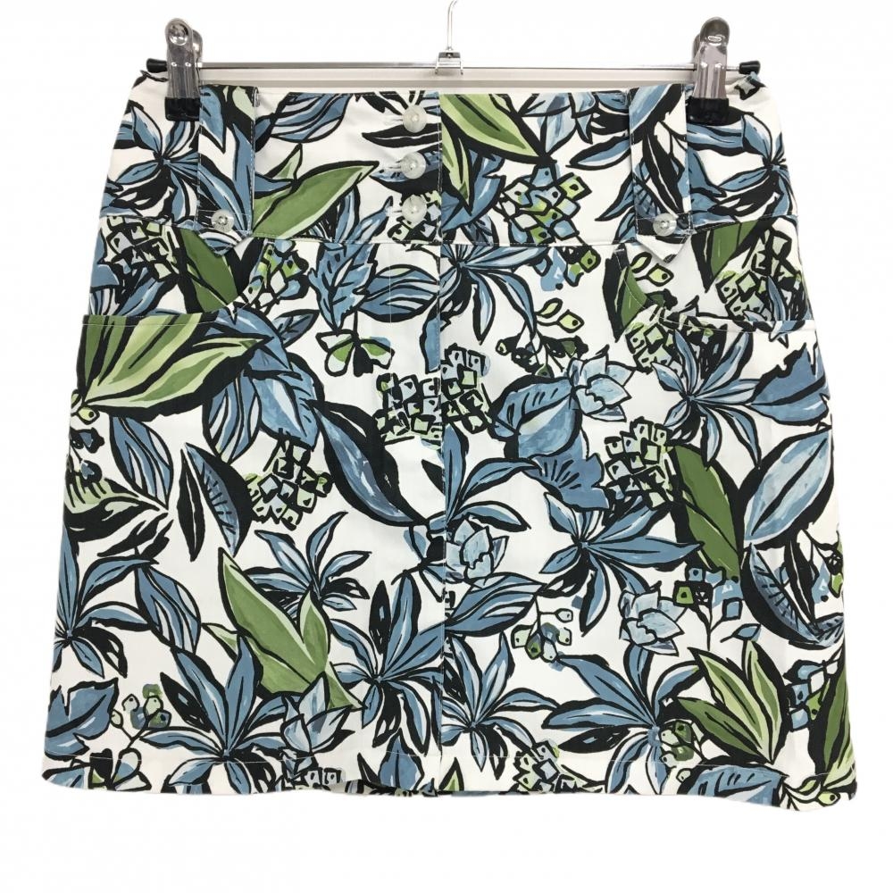 【超美品】キャロウェイ スカート 白×ブルーグレー リーフ総柄 ロゴ刺しゅう レディース M ゴルフウェア Callaway