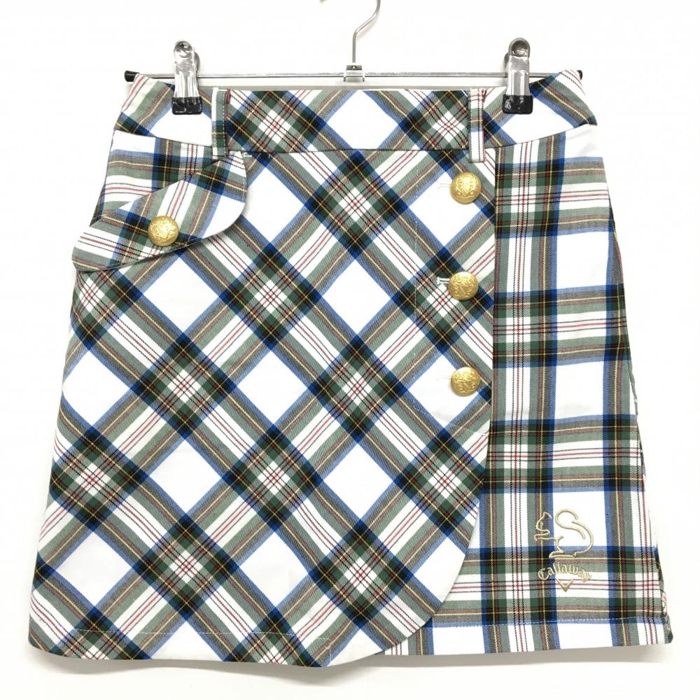 【新品】キャロウェイ スカート 白 グリーン×レッド チェック 金ボタン レディース S ゴルフウェア Callaway