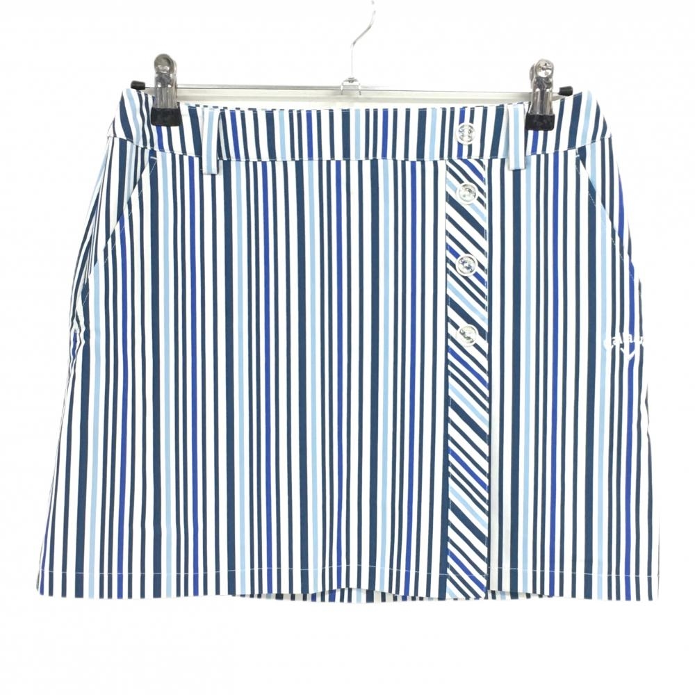 【超美品】キャロウェイ スカート 白×ネイビー ストライプ ロゴボタン レディース L ゴルフウェア Callaway