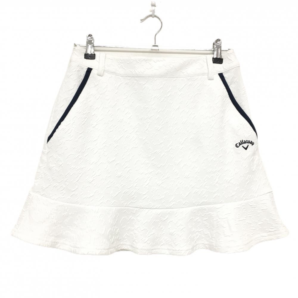【超美品】キャロウェイ スカート 白×ネイビー 総柄地模様 凸凹生地 裾フリル レディース L ゴルフウェア Callaway