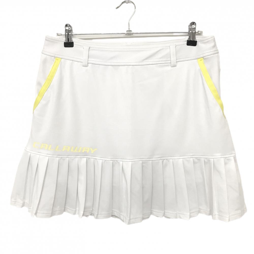 【美品】キャロウェイ スカート 白×ライトイエロー 裏地付 裾プリーツ ストレッチ レディース LL ゴルフウェア Callaway