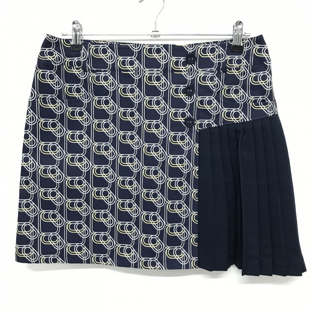 【超美品】キャロウェイ スカート ネイビー×ライトイエロー×グレー系 柄 サイドプリーツ レディース LL ゴルフウェア Callaway