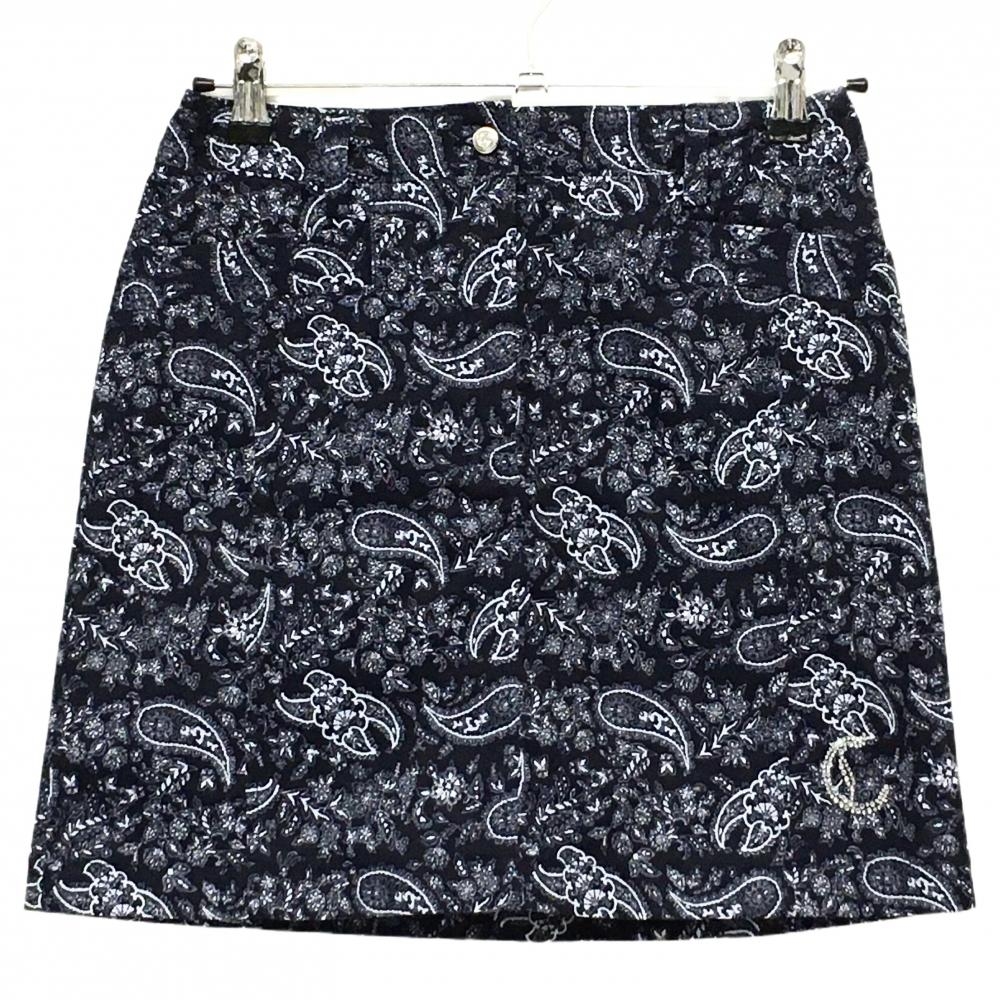 【超美品】キャロウェイ スカート ネイビー×白 ペイズリー 小花柄 裏地付 ラインストーンロゴ レディース M ゴルフウェア Callaway