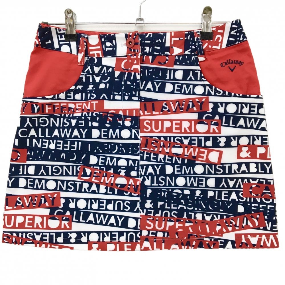 【超美品】キャロウェイ スカート 白×ネイビー×レッド 英字総柄 レディース M ゴルフウェア Callaway