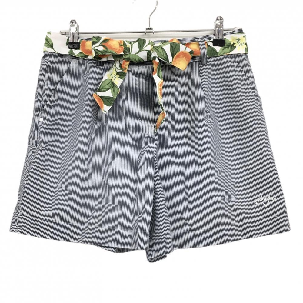 【美品】キャロウェイ キュロットスカート 白×ネイビー ストライプ柄 布ベルト付 裾ロゴ レディース L ゴルフウェア Callaway