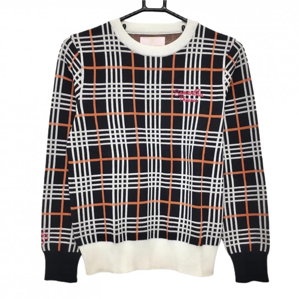 【美品】サマンサタバサUNDER25 セーター 黒×白×オレンジ 格子柄 コットン混 ニット  レディース M ゴルフウェア Samantha Thavasa