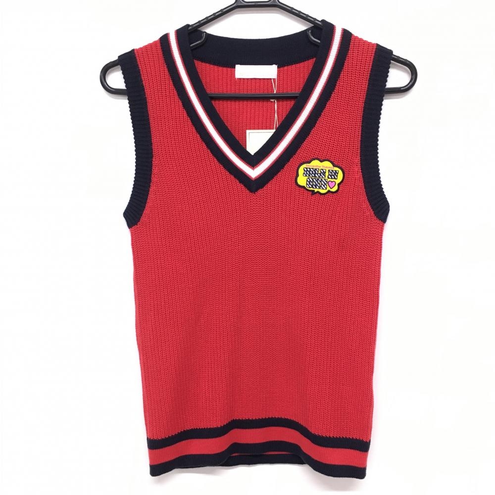 【新品】サマンサタバサUNDER25 ニットベスト レッド×ネイビー Vネック コットン混 レディース S ゴルフウェア Samantha Thavasa