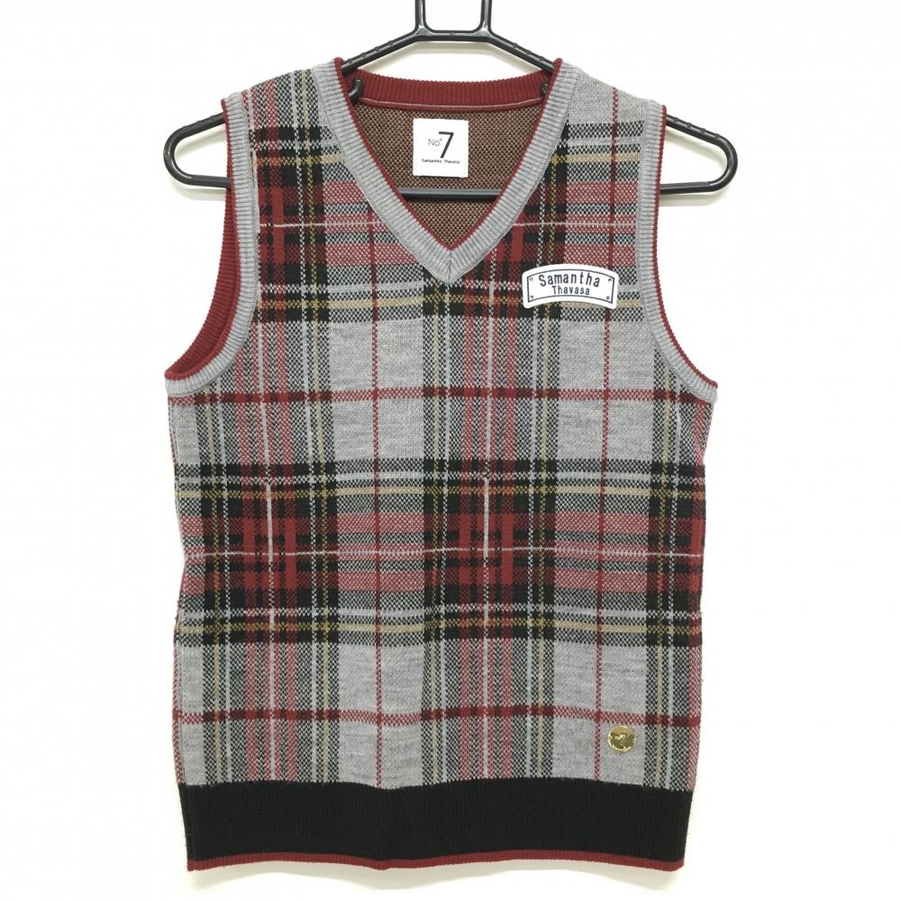 【美品】サマンサタバサNo.7 ニットベスト 黒×レット Vネック チェック  レディース 38(M) ゴルフウェア Samantha Thavasa