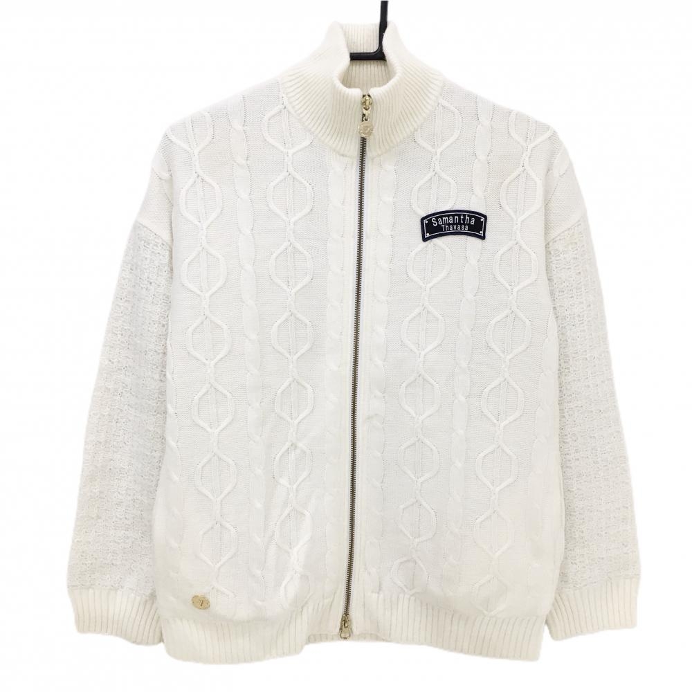 サマンサタバサ№7 ニットジャケット 白 袖異素材 ケーブル編み レディース 38(M) ゴルフウェア Samantha Thavasa