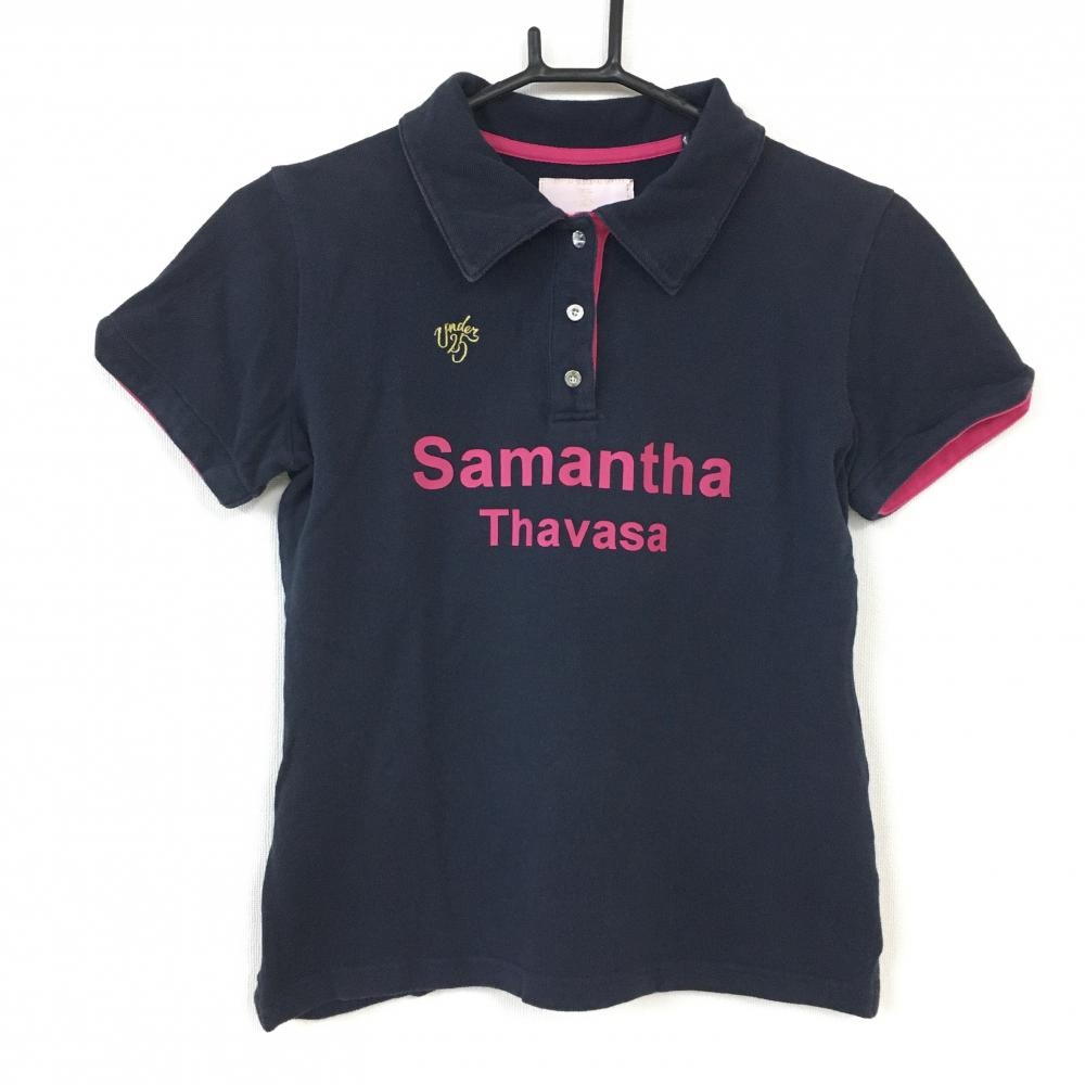 Samantha Thavasa サマンサタバサUNDER25 半袖ポロシャツ ダークネイビー×ピンク 襟裏ロゴ ベアワッペン レディース S ゴルフウェア