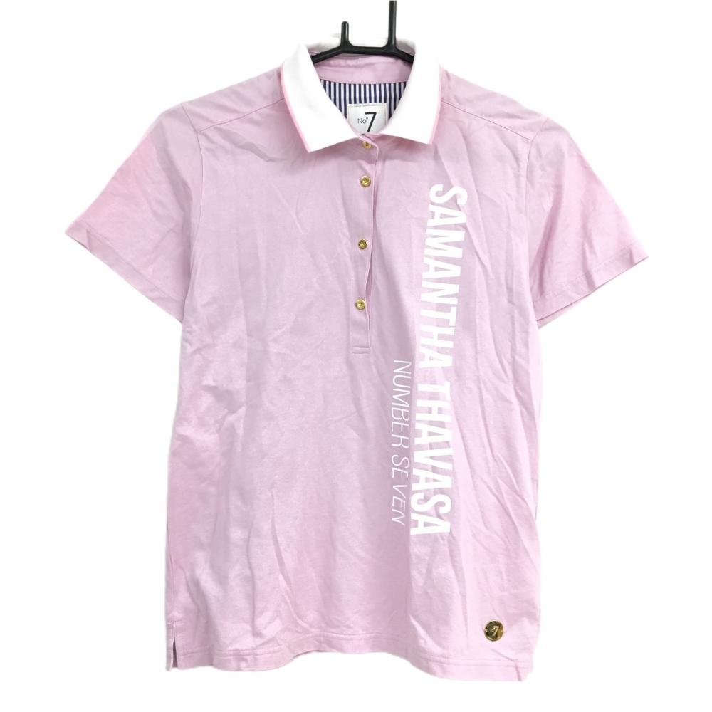 【美品】サマンサタバサ No.7 半袖ポロシャツ ピンク×白 織生地 ロゴプリント レディース 40(L) ゴルフウェア Samantha Thavasa
